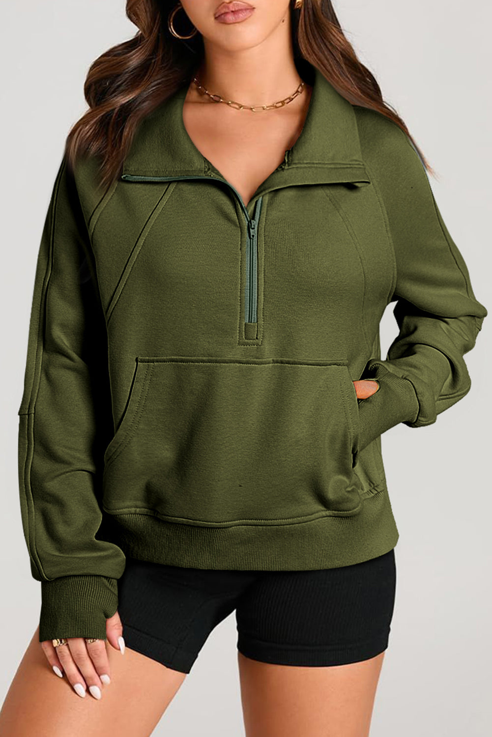 Black Quarter Zip Stand Neck Kangaroo Pocket Sweatshirt