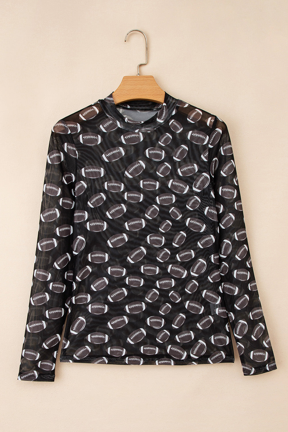 Football Print Mesh Mock Neck Game Day Long Sleeve Top