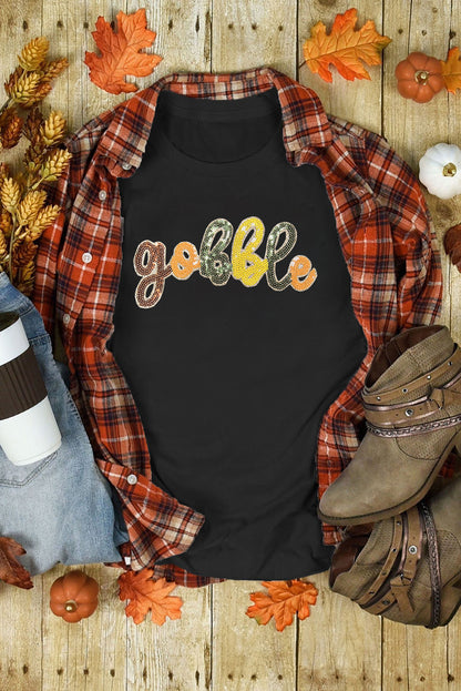 Black Sequin Gobble Graphic Thanksgiving T Shirt