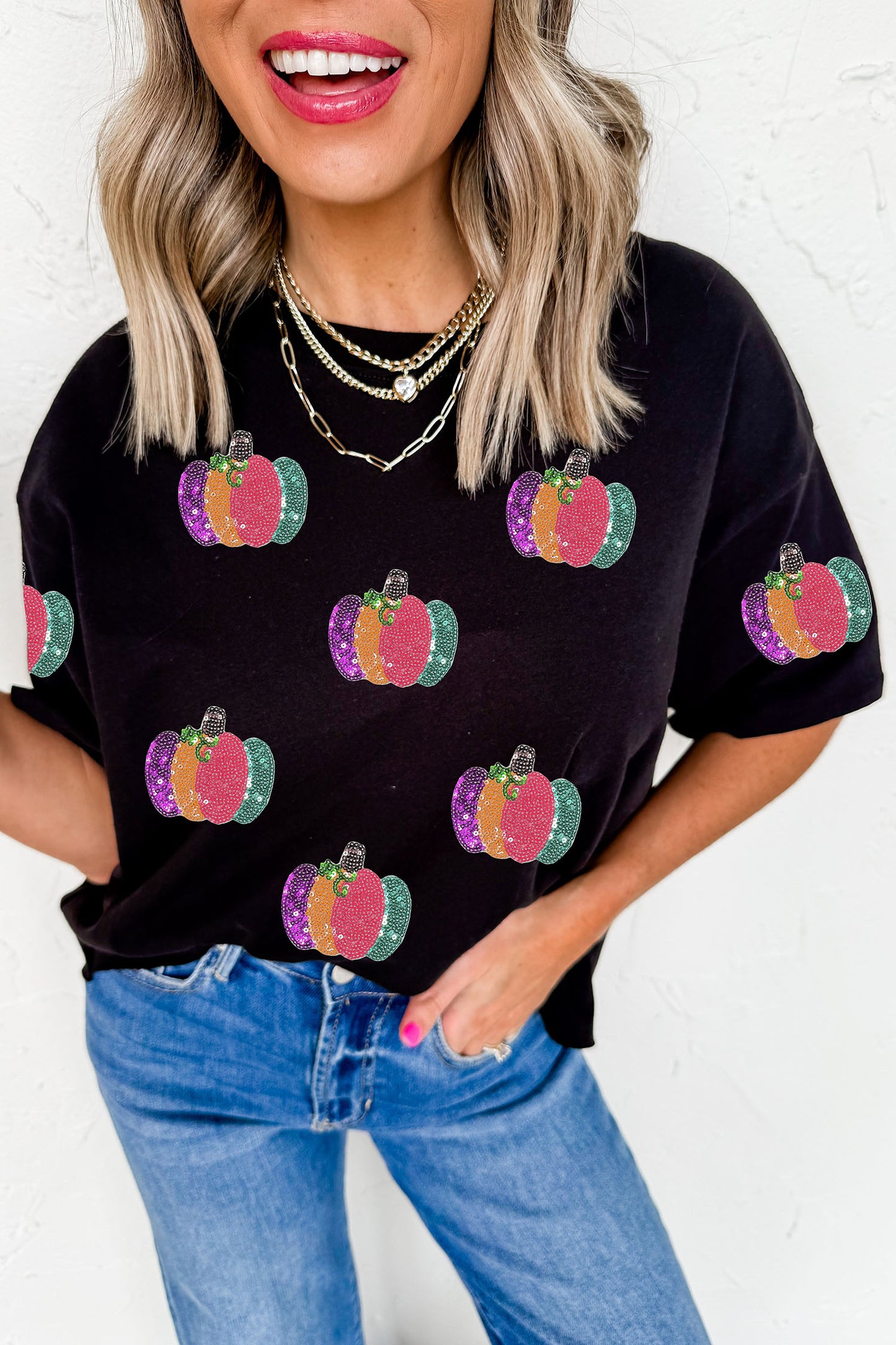 Sequin Pumpkin Graphic Tee Halloween Fall Casual Top