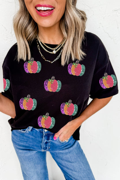 Sequin Pumpkin Graphic Tee Halloween Fall Casual Top