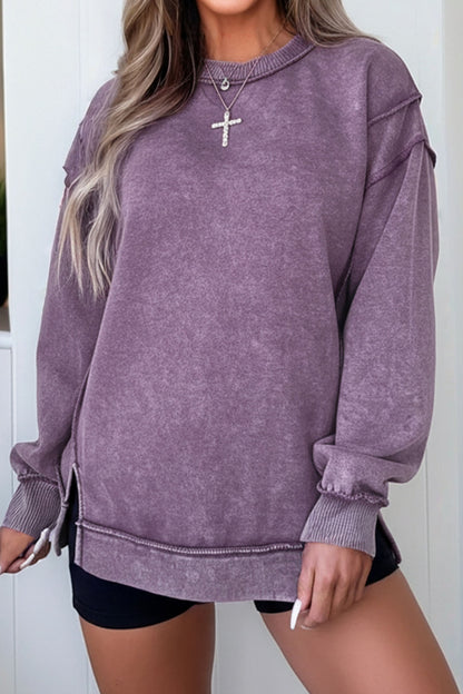 Mineral Wash Exposed Seam Sweatshirt Side Slit Casual Pullover