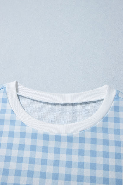 Gingham Plaid Sweatshirt Oversized Puff Sleeve Pullover