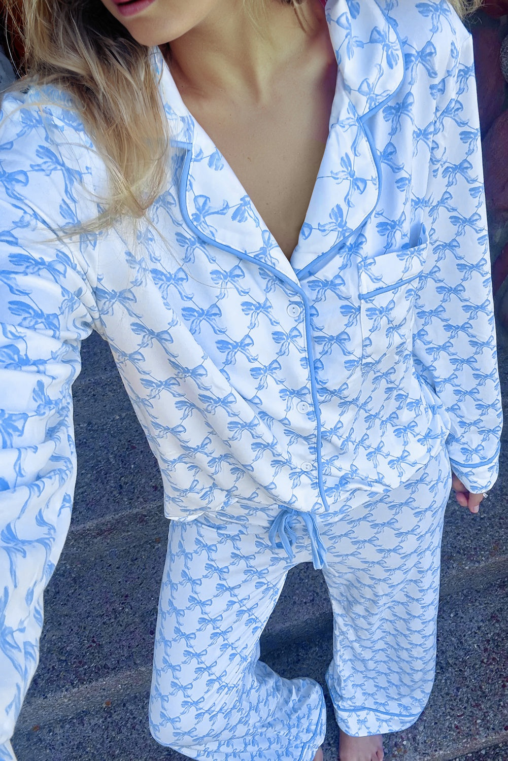 Soft Bow Print Long Sleeve Pajama Set with Pants