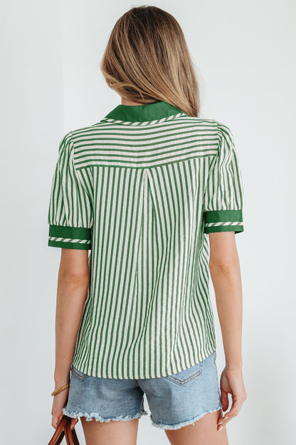 Khaki Striped Split Neck Puff Sleeve Blouse Top