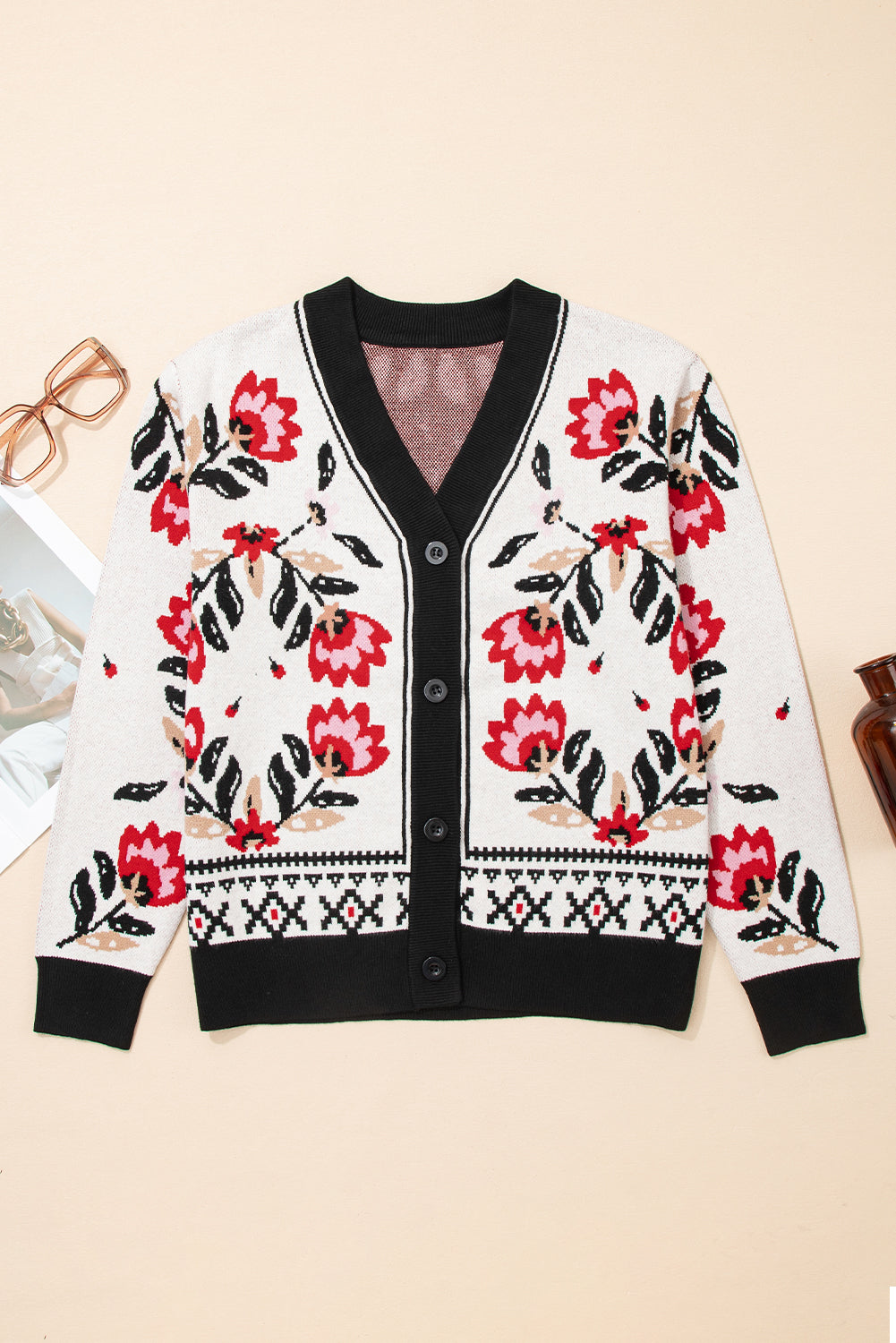 Floral V Neck Button Front Knit Cardigan Sweater