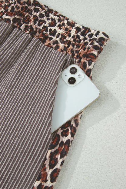 Leopard Trim Ribbed Short Sleeve Top and Shorts Set