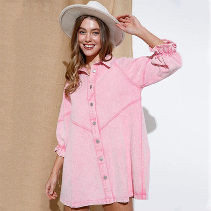 Denim Puff Sleeve Button Shirt Dress Casual Mini Dress