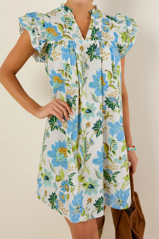 Boho Floral Ruffle Sleeve V Neck Shift Mini Dress