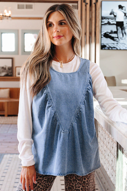 Washed Denim Ruffle Panel Babydoll Sleeveless Top