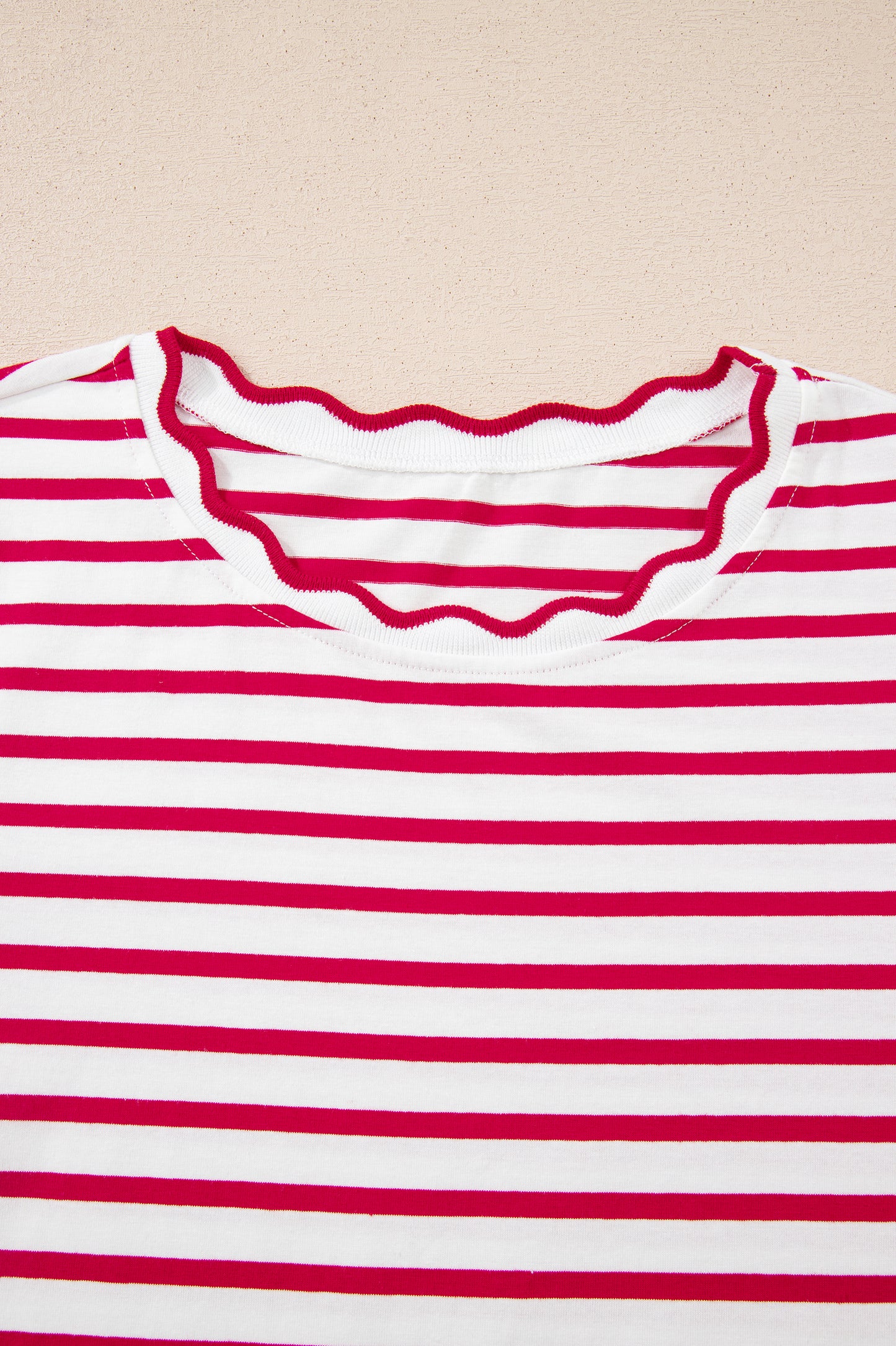 Red Stripe Scalloped Trim Short Sleeve Round Neck Tee