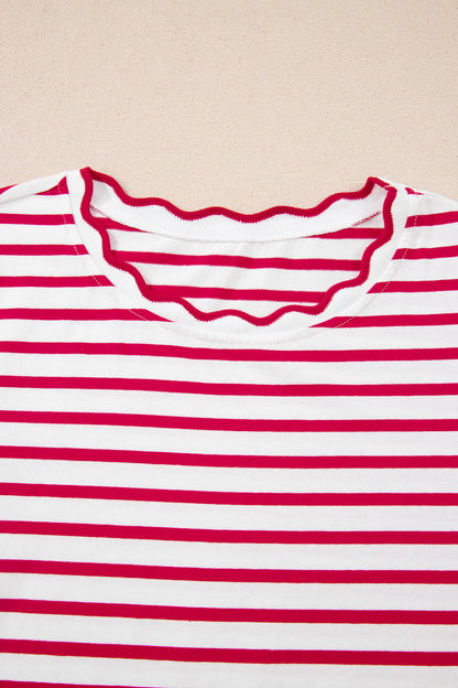 Red Stripe Scalloped Trim Short Sleeve Round Neck Tee