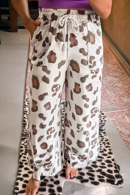 Leopard Print Wide Leg Drawstring Pants with Pockets