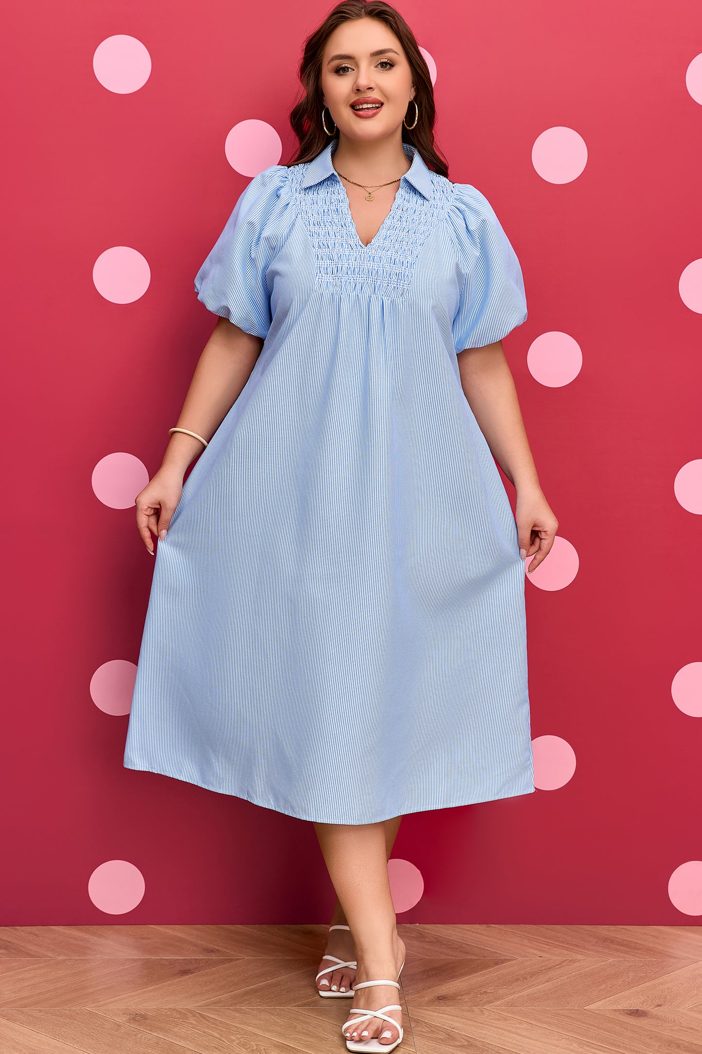 Plus Size Smocked V Neck Midi Dress Stripe Puff Sleeve