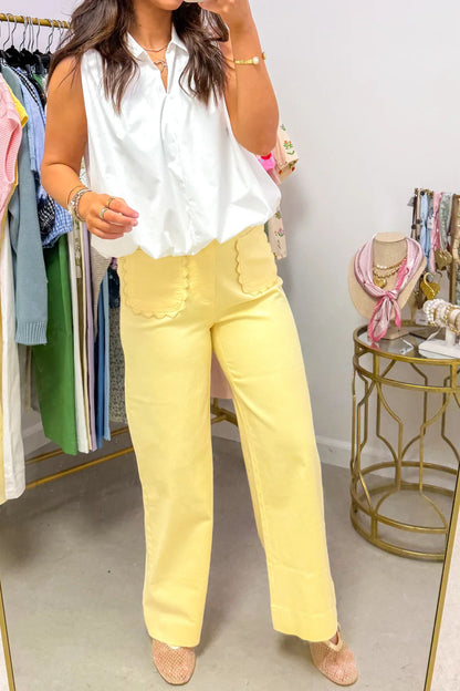 Scalloped Patch Pocket High Rise Wide Leg Jeans