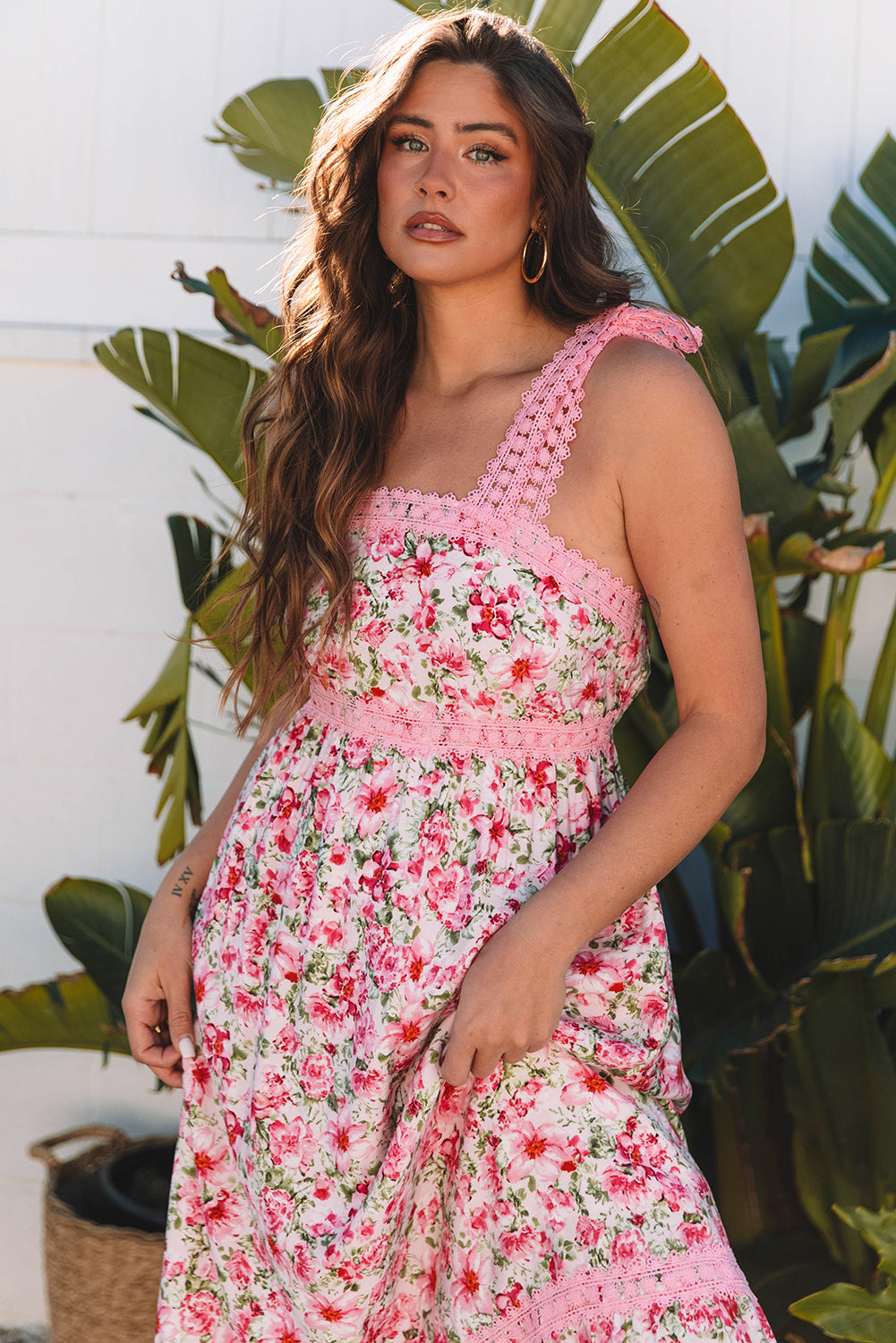 Pink Floral Lace Strap Empire Waist Maxi Dress