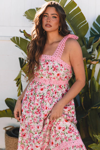 Pink Floral Lace Strap Empire Waist Maxi Dress
