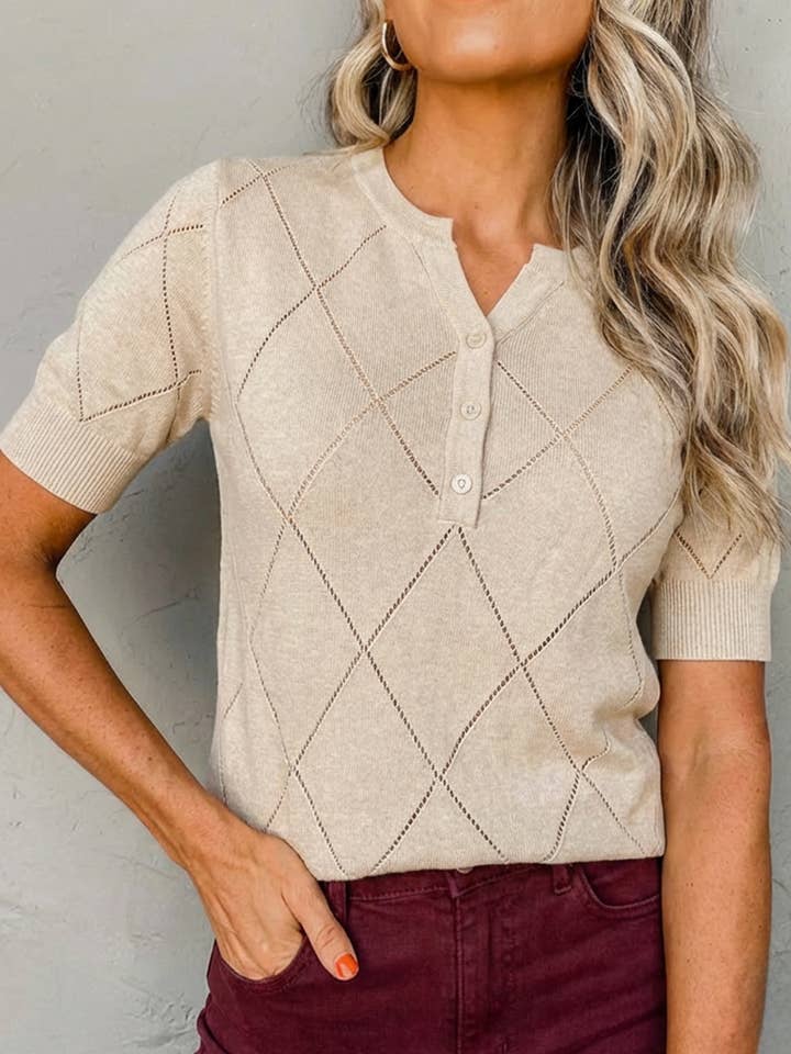 Argyle Diamond Knit Henley Short Sleeve Sweater Top