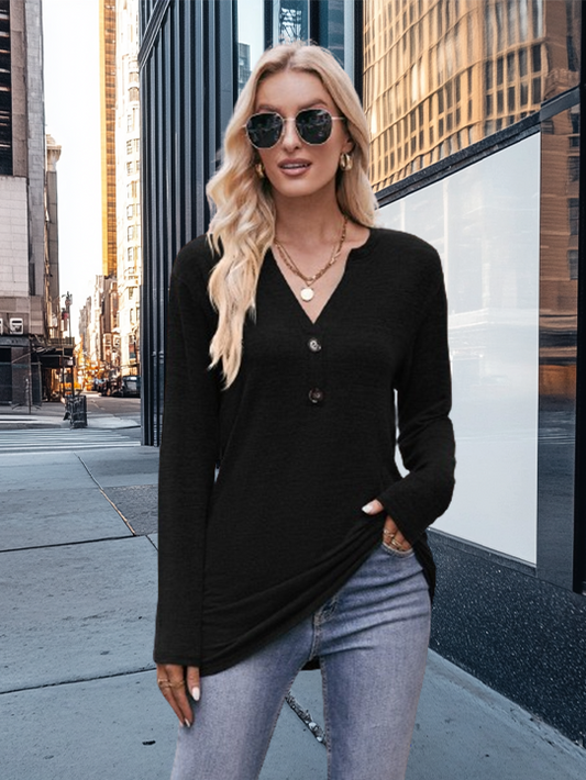 Polished Long Sleeve T-Shirt with V-Neck and Button Details