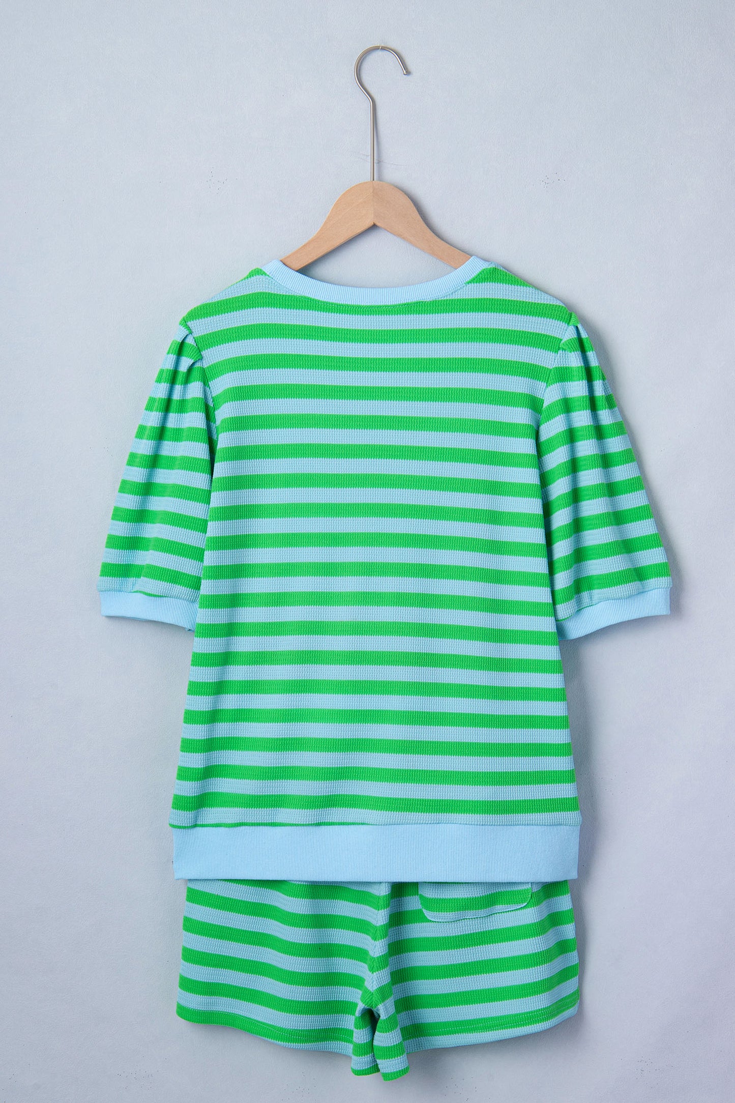Green Stripe Puff Sleeve Lounge Set Drawstring Shorts