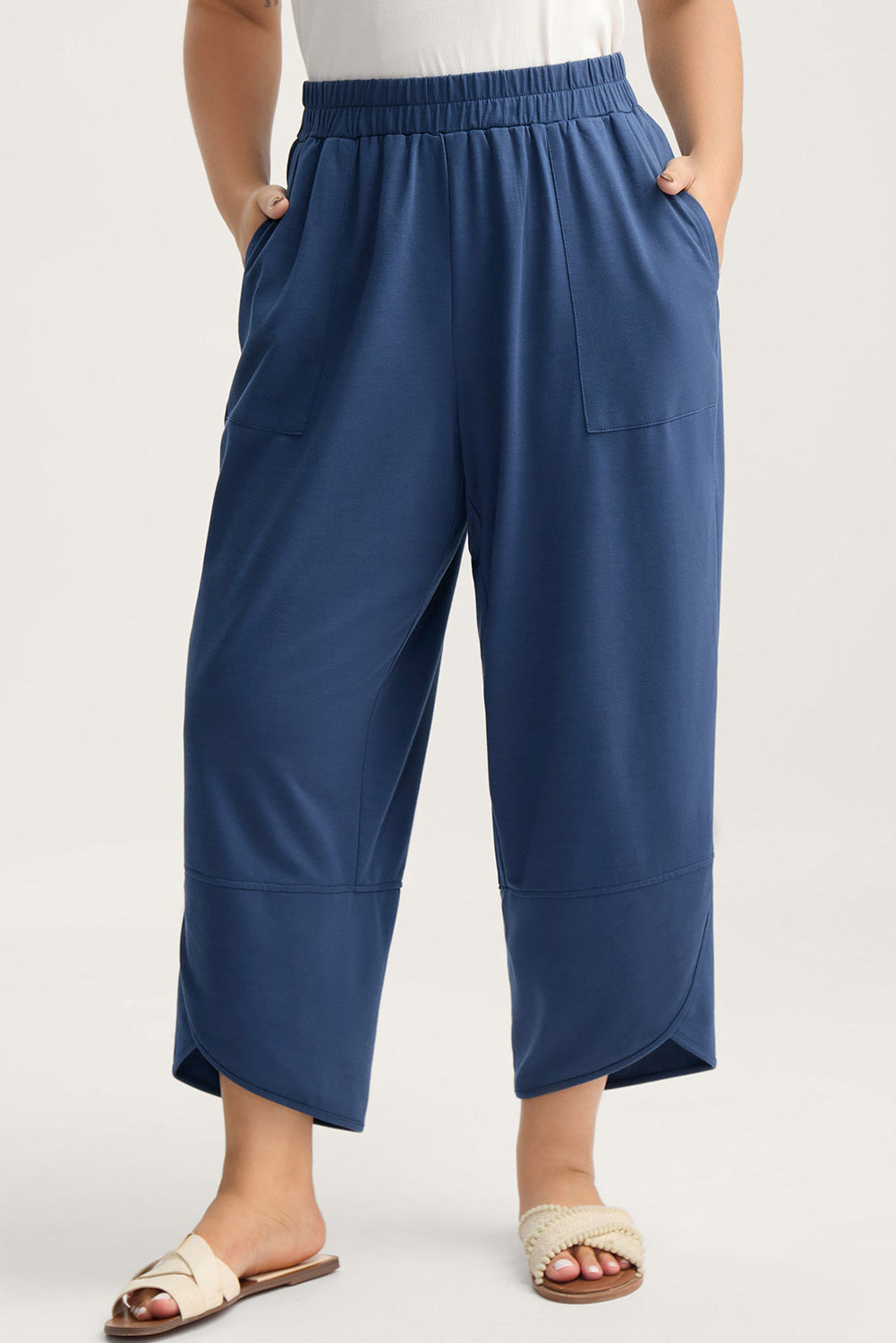 Black Plus Size Elastic Waist Asymmetrical Loose Capris Pants