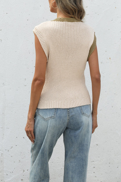 Color Block Knit Button Front Sleeveless Sweater Top