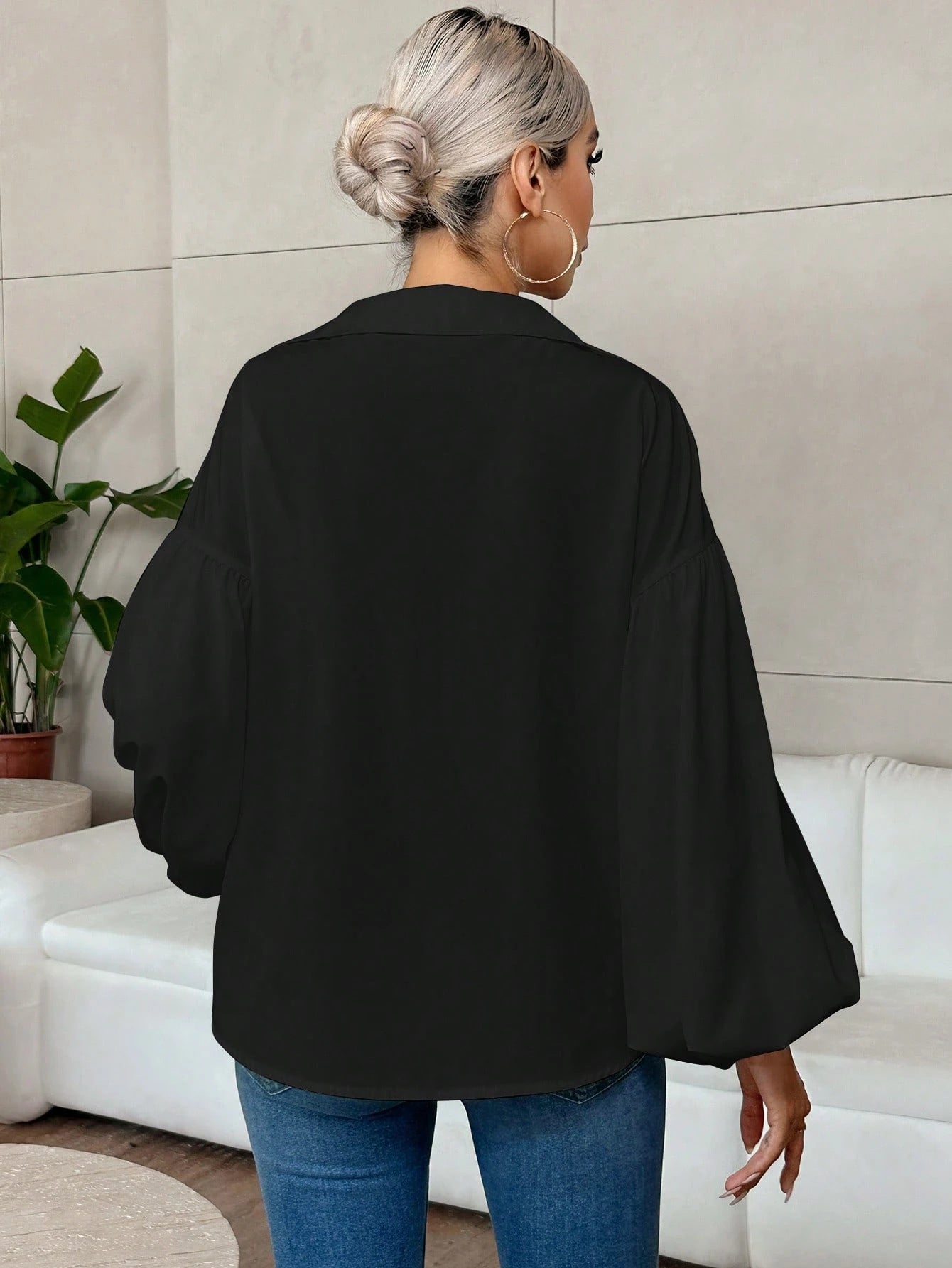 Black V Neck Lantern Sleeve Blouse Loose Fit Top
