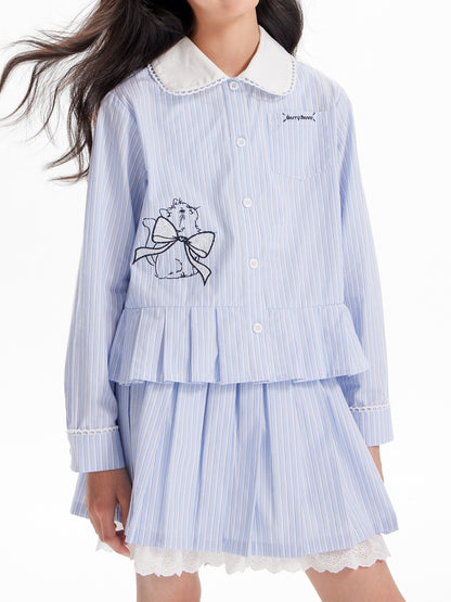 Girls Striped Doll Collar Embroidered Cat Set
