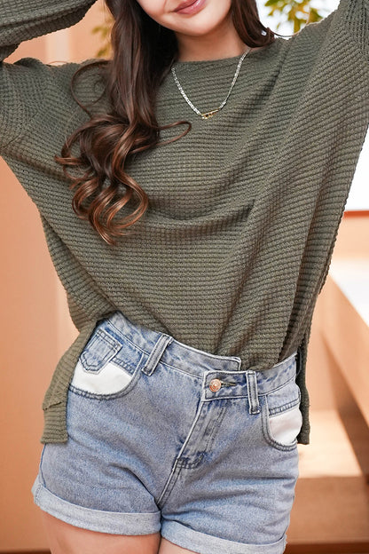 Olive Waffle Knit Oversized Top Side Slit Casual Pullover