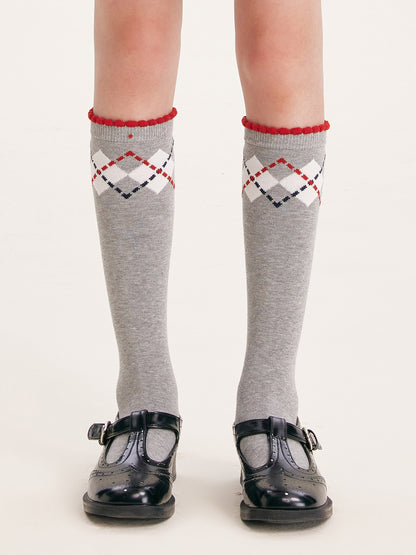 Girls Argyle Cotton Crew Socks Mid-Calf School Style