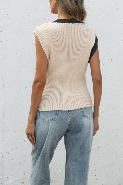 Color Block Knit Button Front Sleeveless Sweater Top