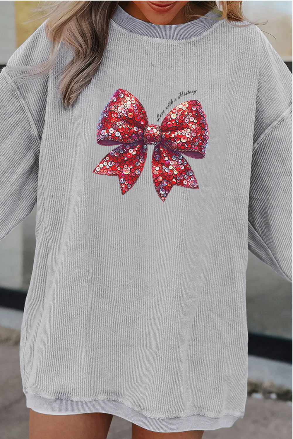 Valentine Sequin Bow Heat Transfer Corduroy Sweatshirt