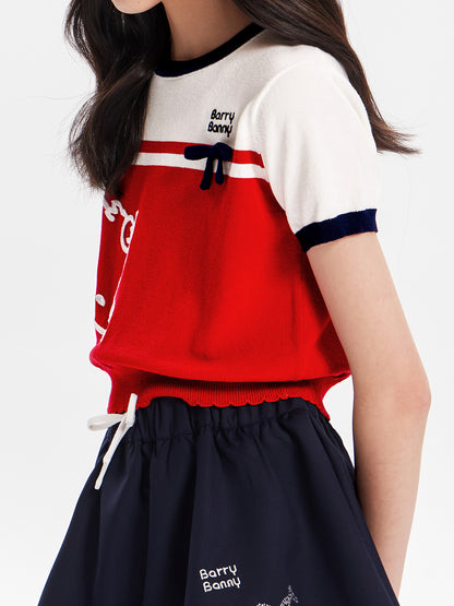 Girls Red Knit Bow Crew Neck Short Sleeve T-Shirt