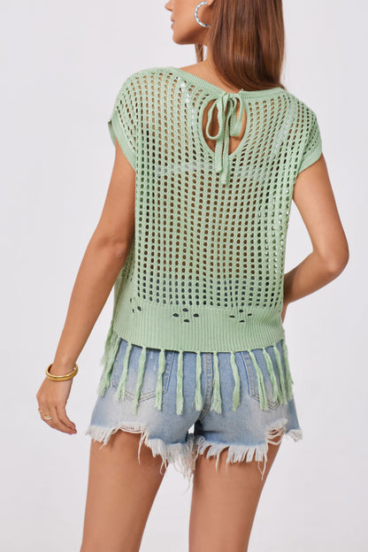 Fringe Knit Top Hollow Out Cropped Beach Cover Up