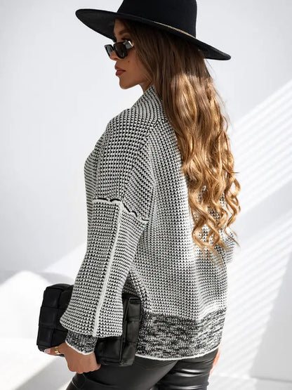 Contrast Trim Plaid Open-Front Knit Cardigan