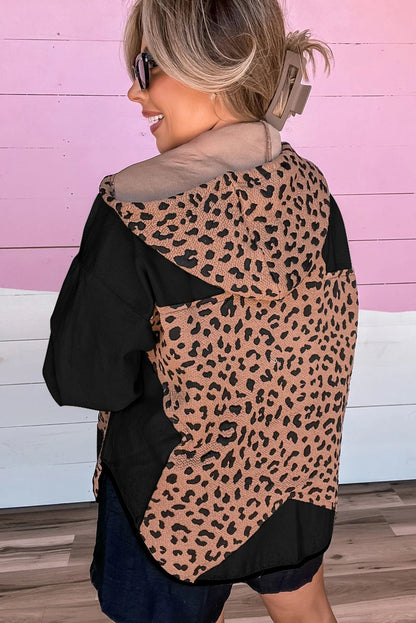 Brown Leopard Star Hooded Patchwork Contrast Piping Open Front Jacket