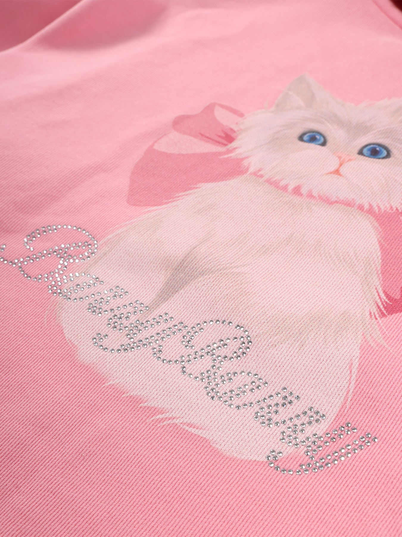 Girls Pink Hoodie with Cute Cat Print and Rhinestone Detail