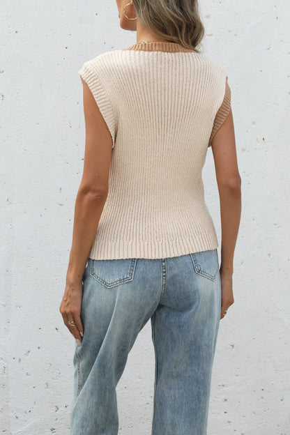Color Block Knit Button Front Sleeveless Sweater Top