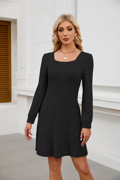 Square Neck Sweater Dress - Ribbed Lantern Sleeve A-Line