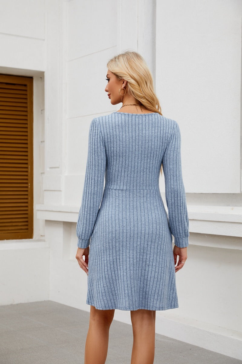 Square Neck Ribbed Knit Dress with Pockets