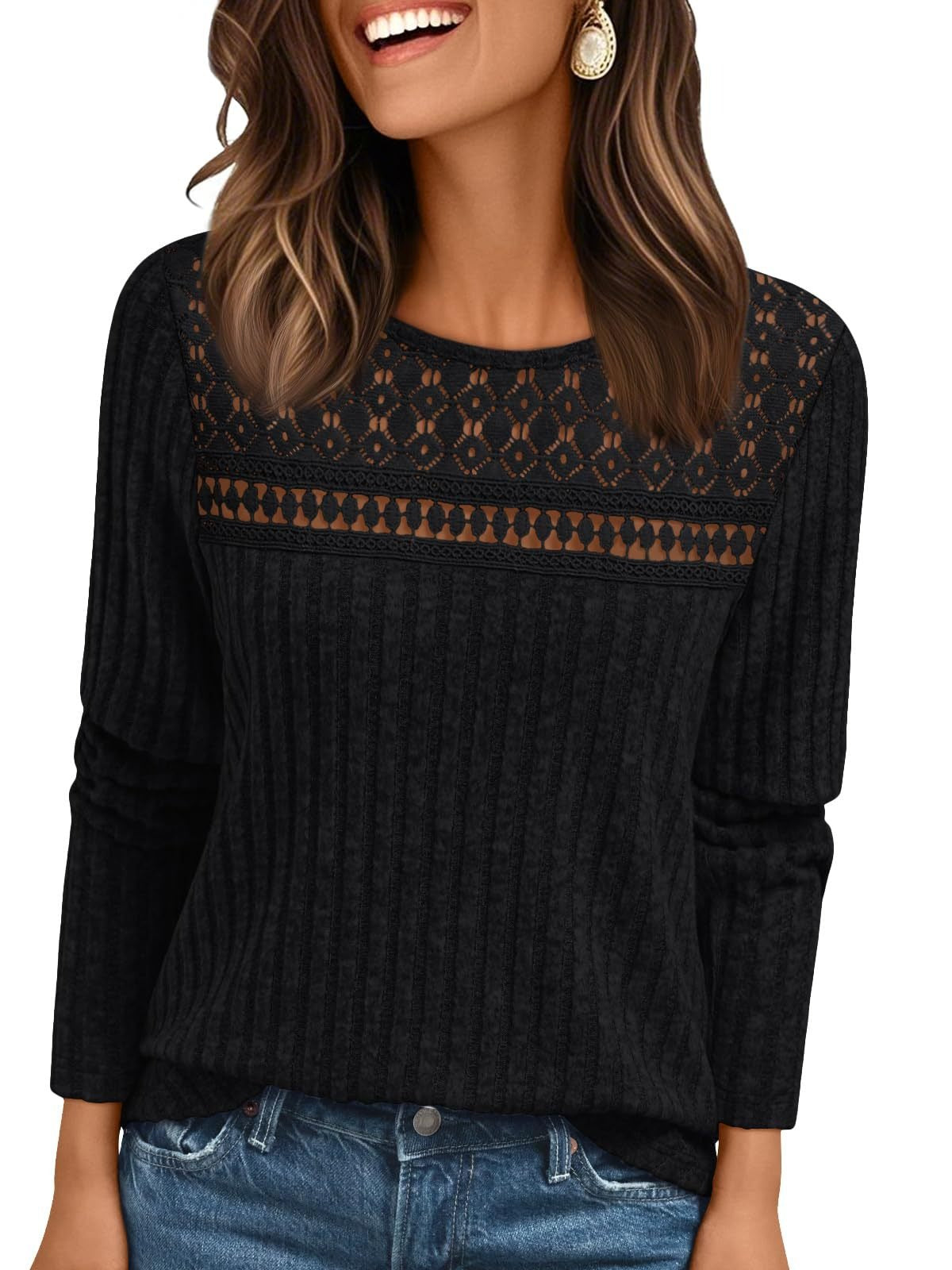 Ribbed Knit Pullover with Lace Panel Long Sleeves