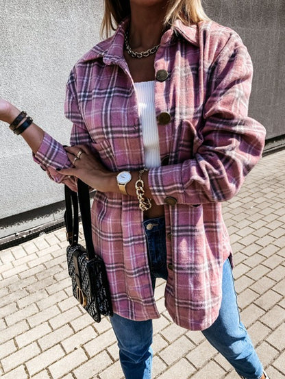 Beige Plaid Oversized Shacket Wool Blend Button Down Jacket