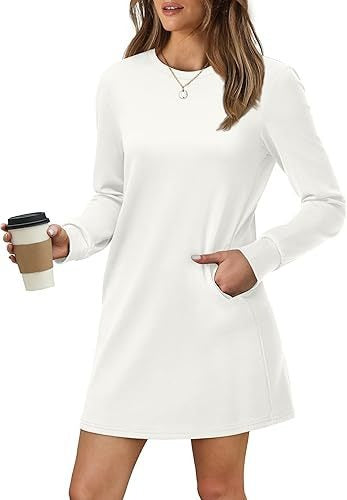 Cozy Long Sleeve Crewneck Sweatshirt Dress with Pockets