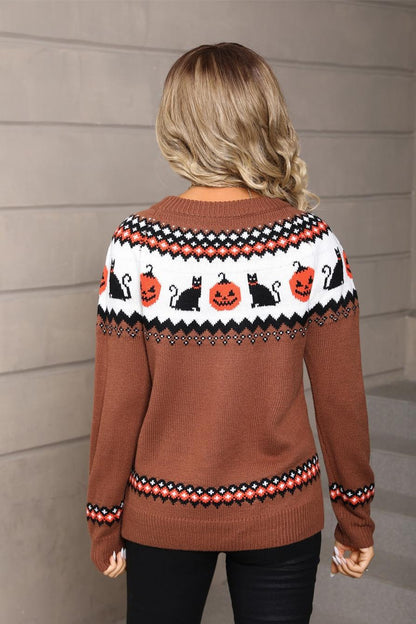 Halloween Black Cat & Pumpkin Knit Sweater for Women