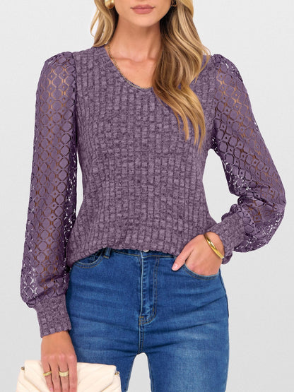 V-Neck Knit Top with Lace Puff Long Sleeves