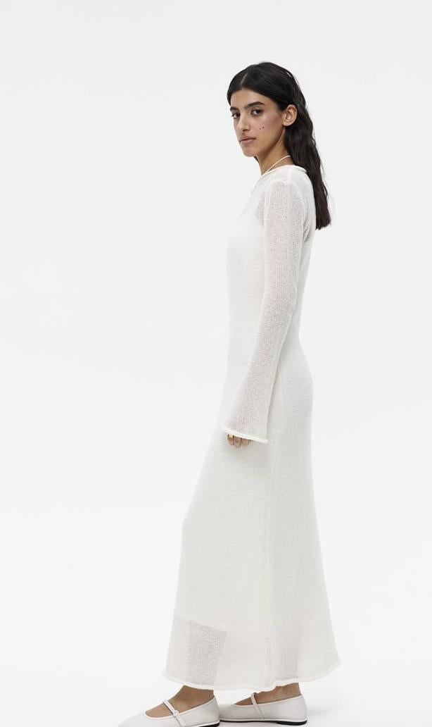 Sheer Knit Maxi Dress Set Long Sleeve Overlay with Slip