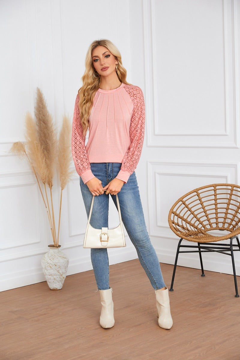 Lace Sleeve Pleated Blouse - Round Neck Long Sleeve Top