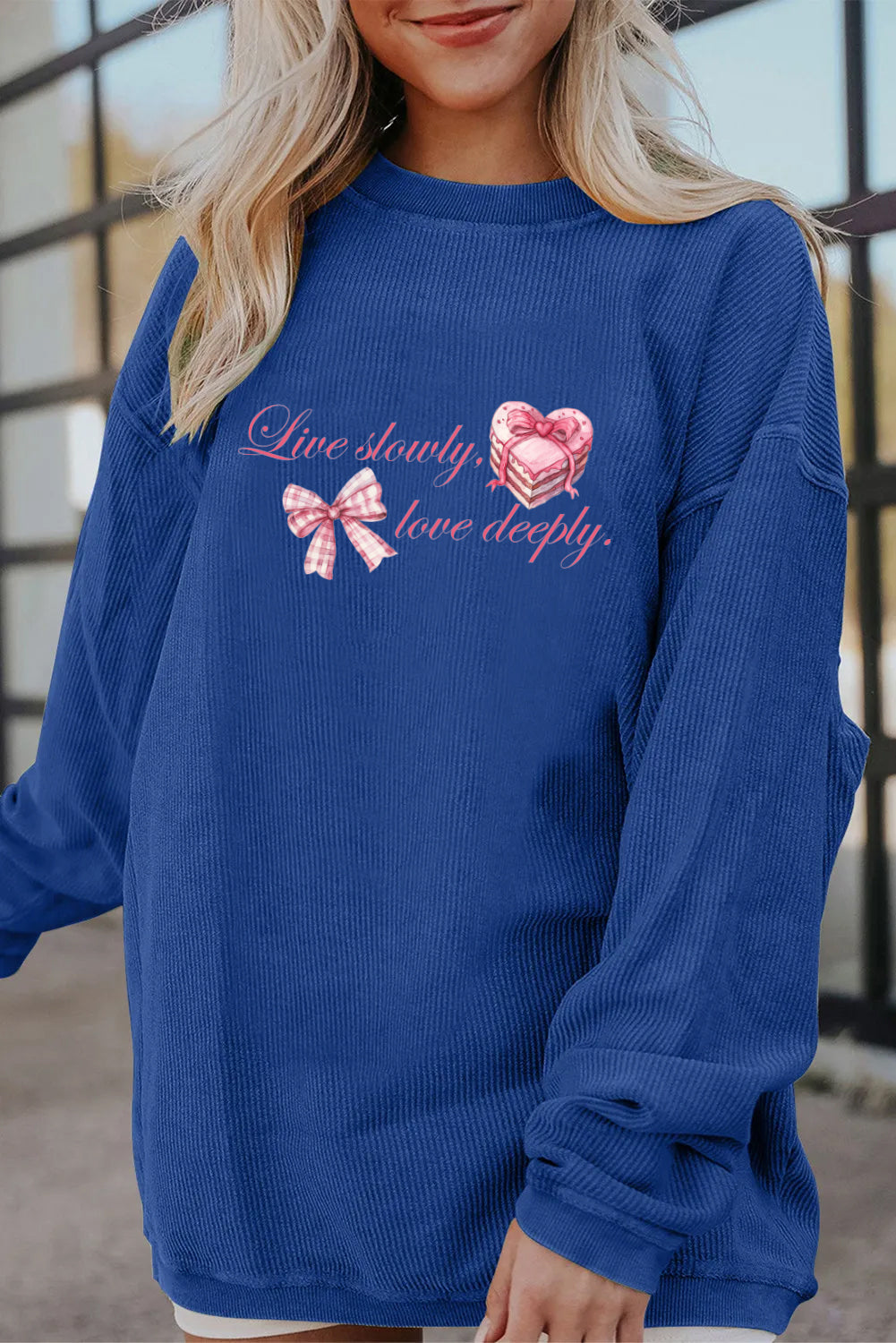 Valentine Bow Heart Corduroy Ribbed Oversized Sweatshirt