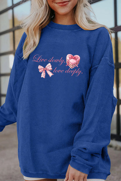 Valentine Bow Heart Corduroy Ribbed Oversized Sweatshirt