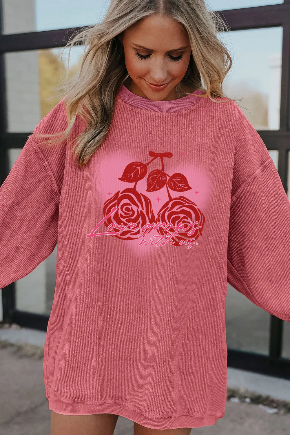Valentine Rose Heart Corduroy Ribbed Oversized Sweatshirt